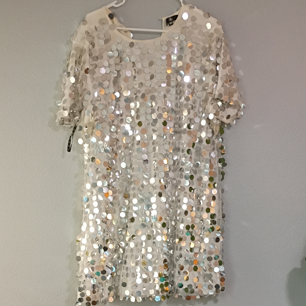 Sequin Short Sleeve Party Dress in Ivory